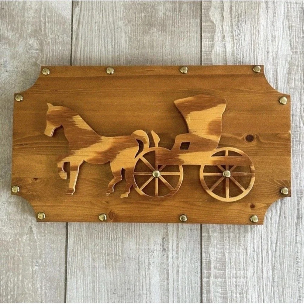 Vintage Handmade 3D Wooden Wall Decor Horse & Buggy‎ Country Farmhouse